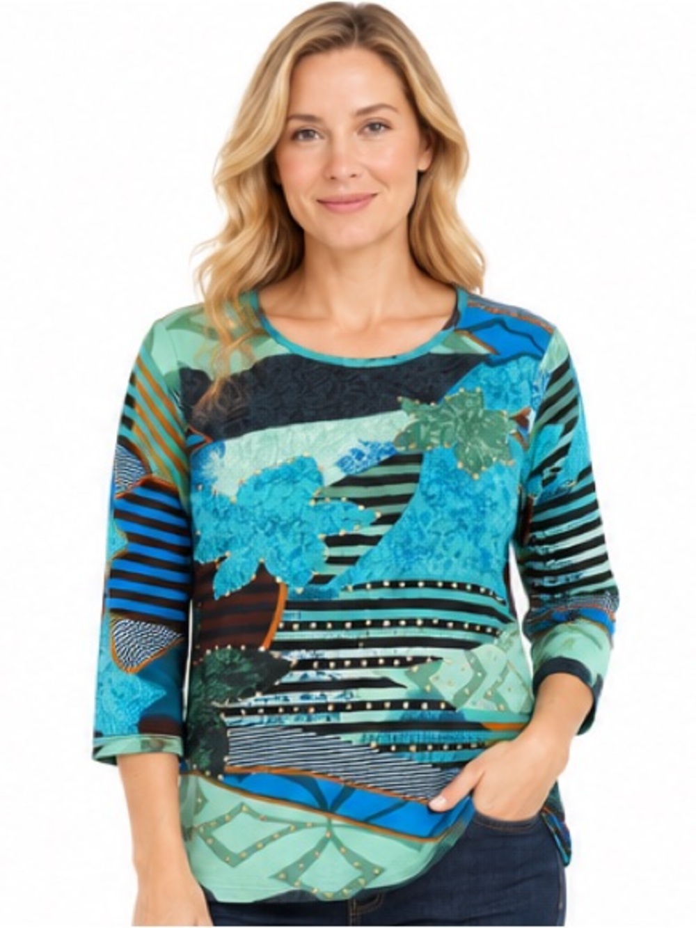 Bellissima Fashions XL Blue Green Abstract Rhinestone 3/4 Sleeve Top